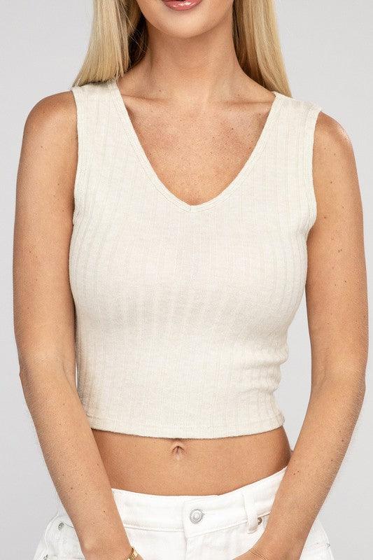 Ribbed Scoop Neck Cropped Sleeveless Top SAND BEIGE Tank Tops