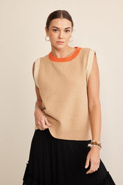 In February Contrast Round Neck Sweater Vest Taupe Multi Shirts & Tops