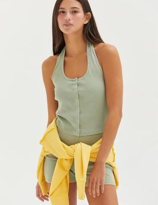 HYFVE Halter Neck Buttoned Washed Top | Tops Daverri Fashions