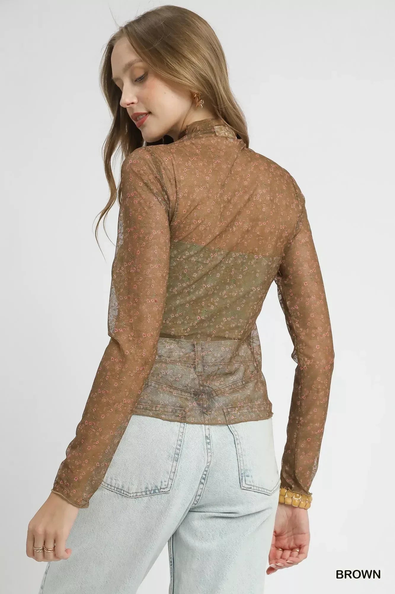Umgee Nylon Lace Mesh Long Sleeve Top - DAVERRI FASHIONS