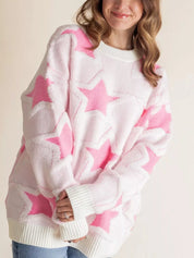 Oversized Star Pattern Ribbed Edge Drop Shoulder Sweater | Sweaters Daverri Fashions