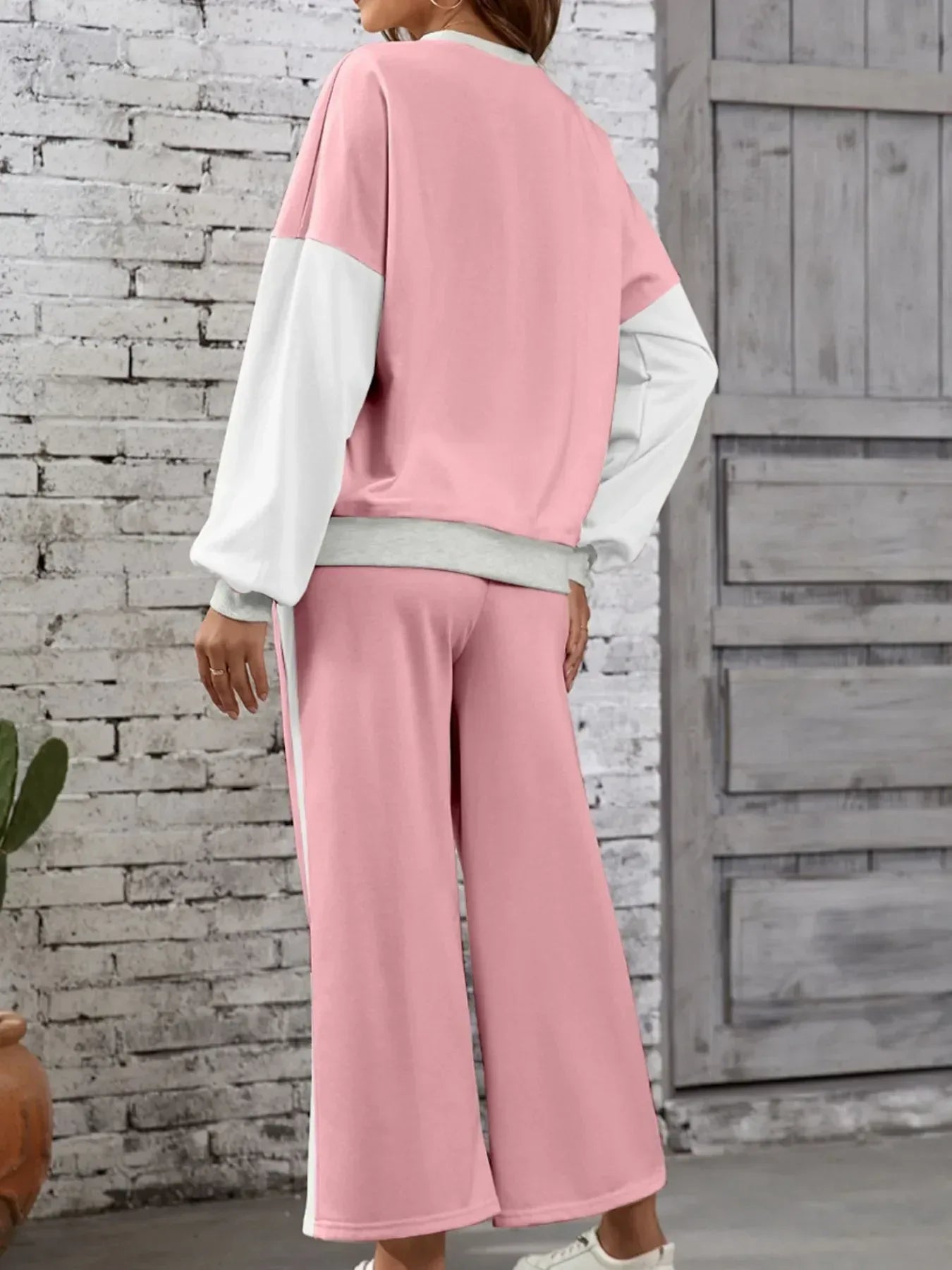 Color Block Round Neck Top and Pants Set - DAVERRI FASHIONS