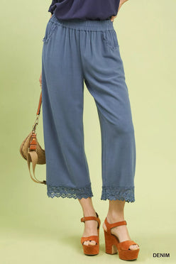 Blue denim Umgee culottes with lace trim hem