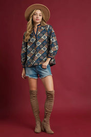 Umgee Abstract Print Ruffle Neck Top | Blouses Daverri Fashions