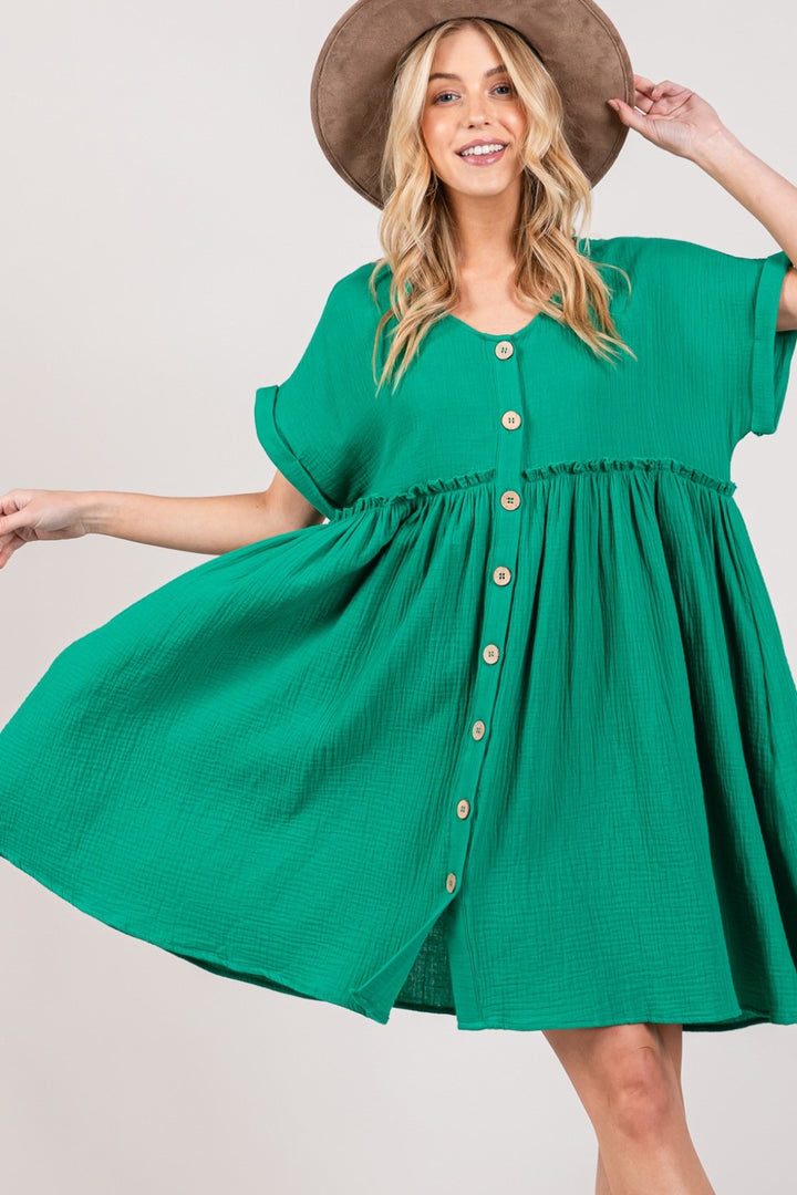 SAGE + FIG Full Size Button Up Short Sleeve Dress Knee Length Dresses