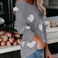 Gray off-shoulder knit sweater with white heart patches, Heart Scoop Neck Long Sleeve