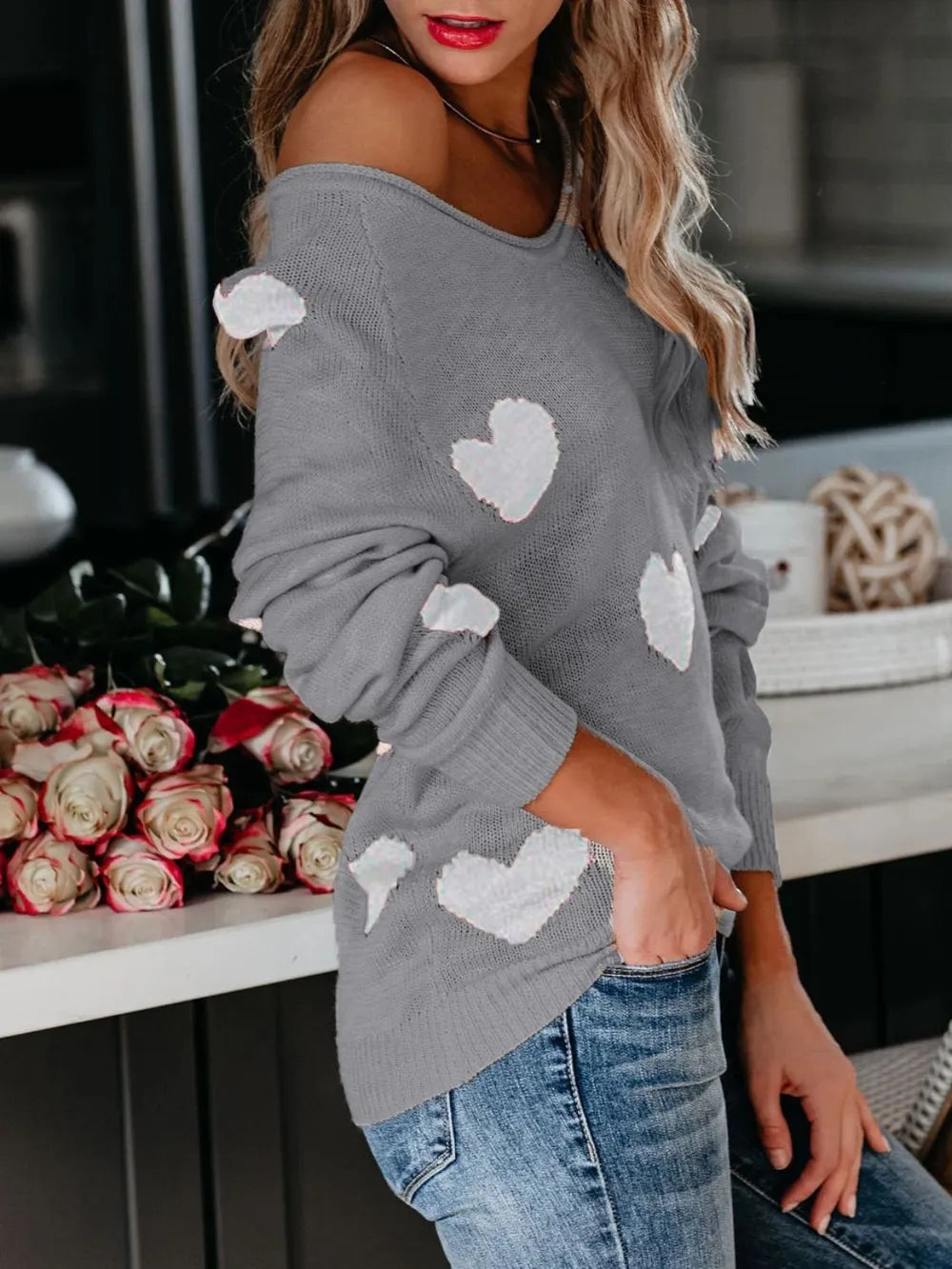 Gray off-shoulder knit sweater with white heart patches, Heart Scoop Neck Long Sleeve