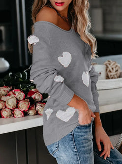 Gray off-shoulder knit sweater with white heart patches, Heart Scoop Neck Long Sleeve