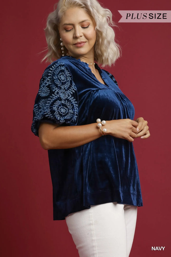 Umgee Velvet Embroidered Sleeve Blouse | Blouses Daverri Fashions