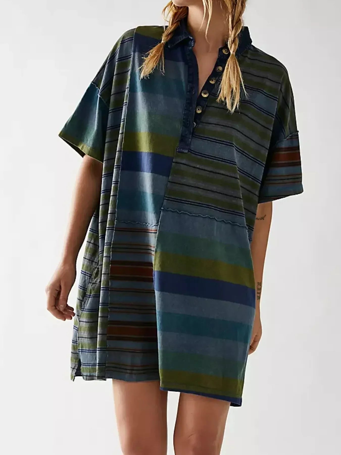 Striped Oversized Half Button Shirt Dress - DAVERRI FASHIONS