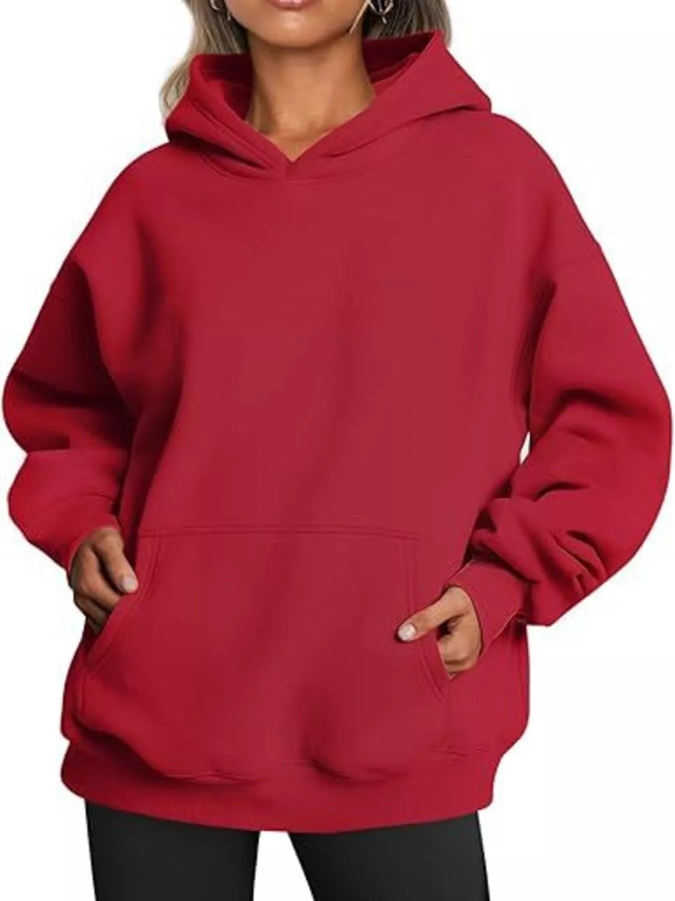 Red kangaroo pocket long sleeve hoodie with drawstring hood