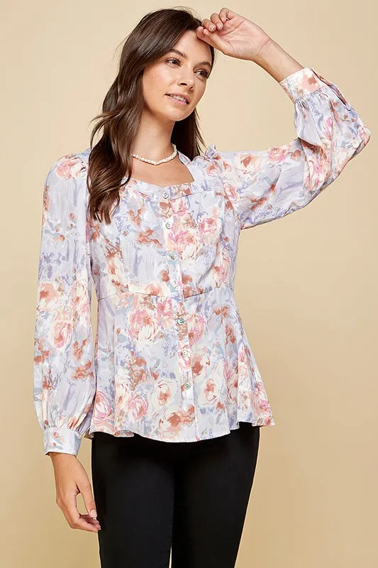 Lime 'N' Chili Floral Sweetheart Neckline Button Down Blouse