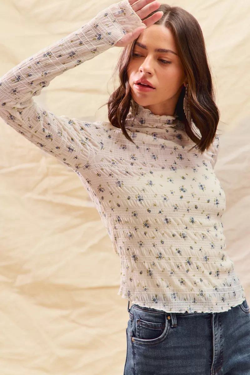 SO ME floral print textured long sleeve knit top in ivory with black pattern