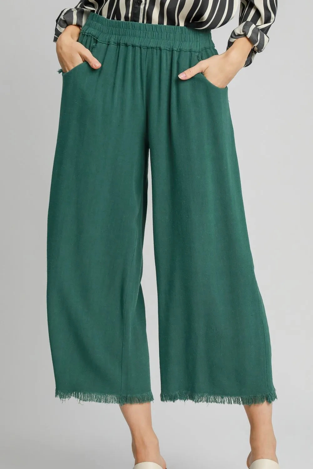 Umgee Dark Green Linen Blend Elastic Waistband Wide Leg Pants Dark Green 1XL Pants