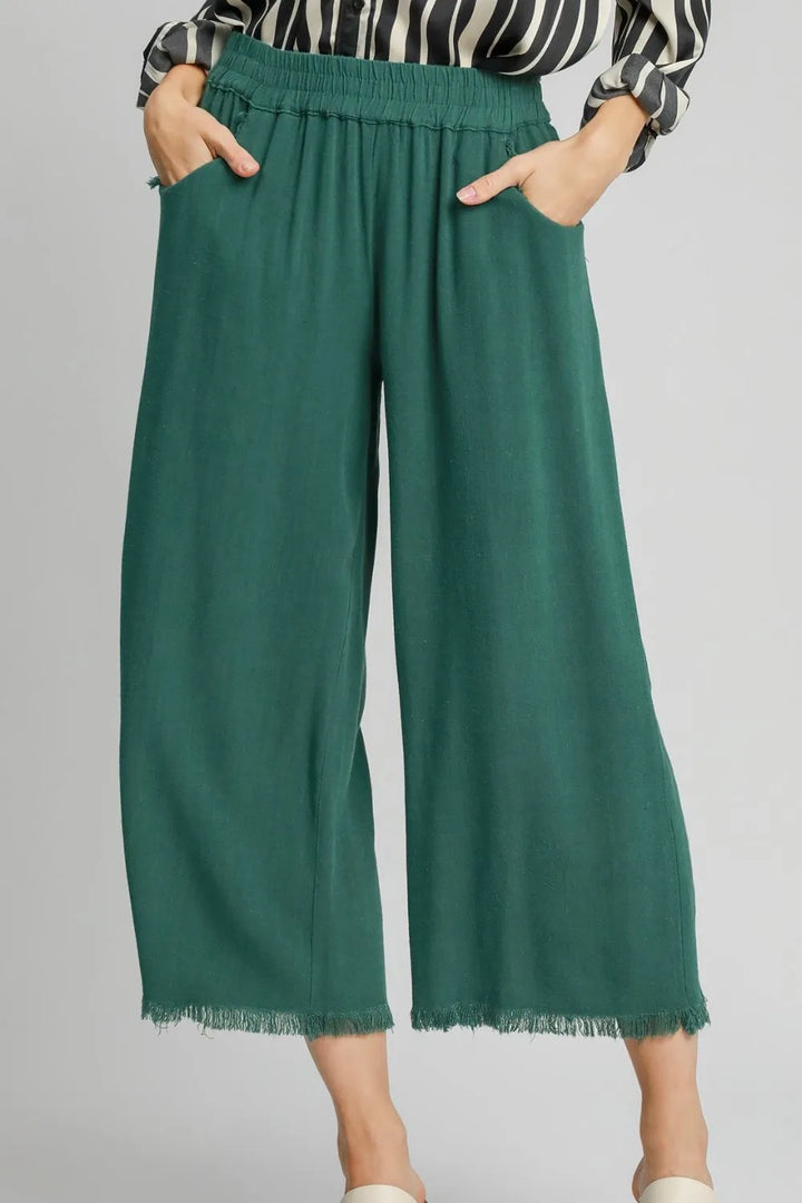 Umgee Dark Green Linen Blend Elastic Waistband Wide Leg Pants Dark Green Pants