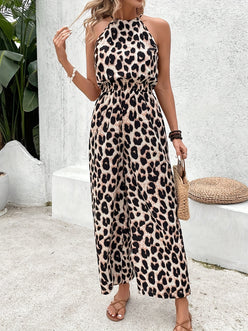 Daverri leopard sleeveless halter maxi dress, wide leg high-waist