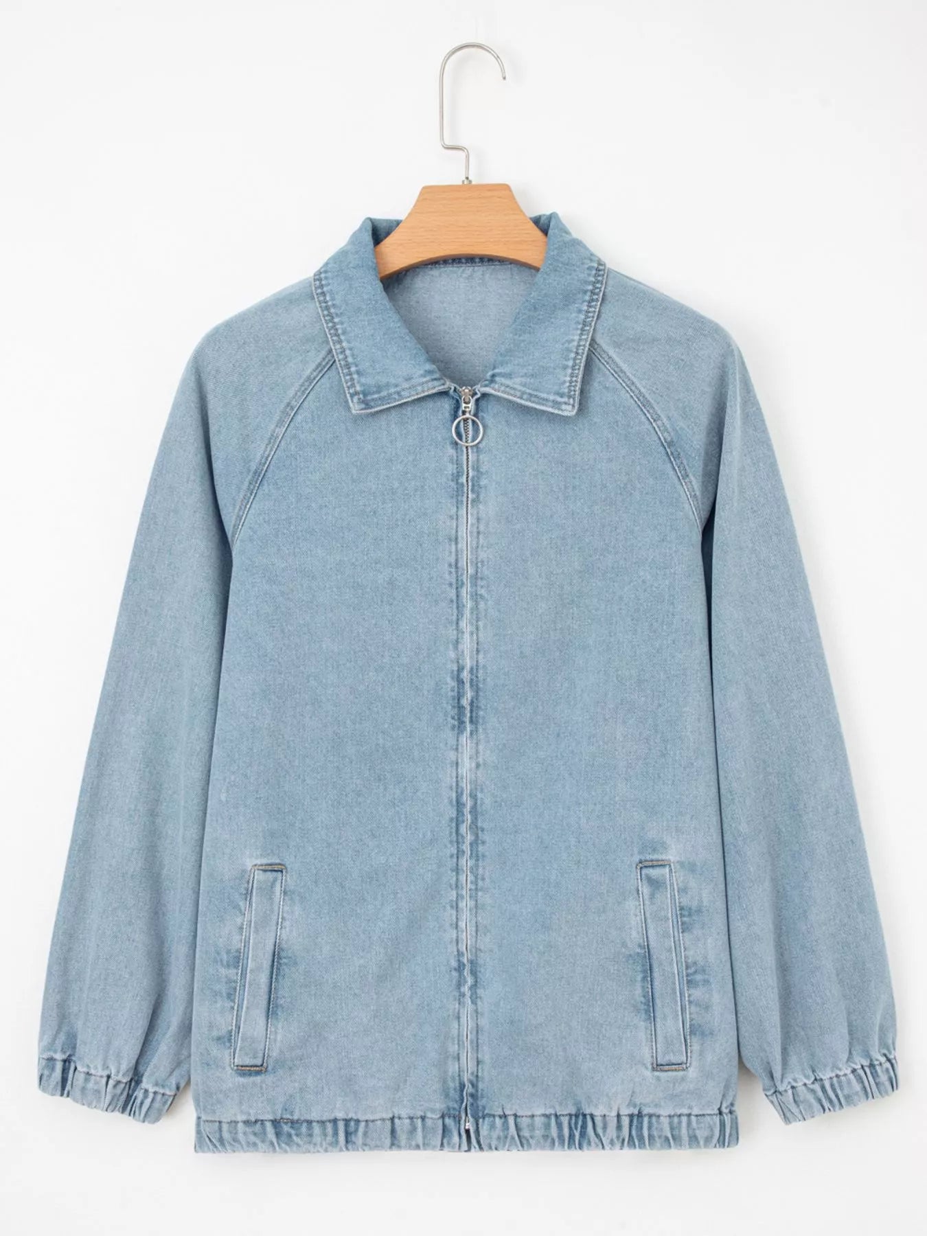 Elastic Edge Collared Zip Up Denim Jacket With Pocket | Denim Jackets Daverri Fashions