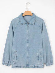 Elastic Edge Collared Zip Up Denim Jacket With Pocket | Denim Jackets Daverri Fashions