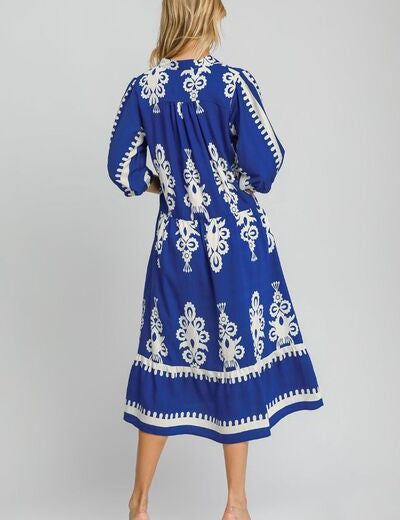 Umgee Printed Notched Midi Dress