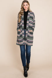 BOMBOM Geometric Open Front Long Sleeve Cardigan with Pockets | Daverri Fashions
