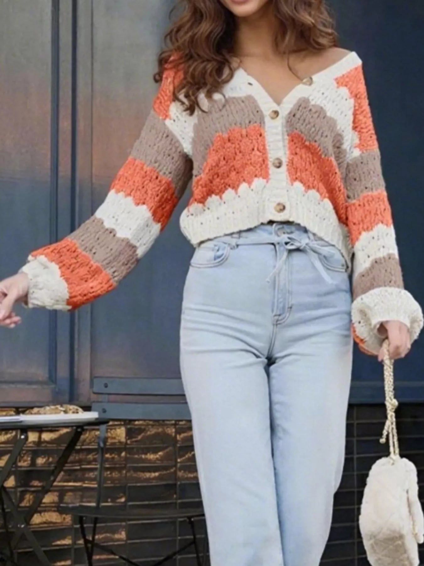 Cozy off-the-shoulder color block button up cardigan in orange, beige, cream stripes