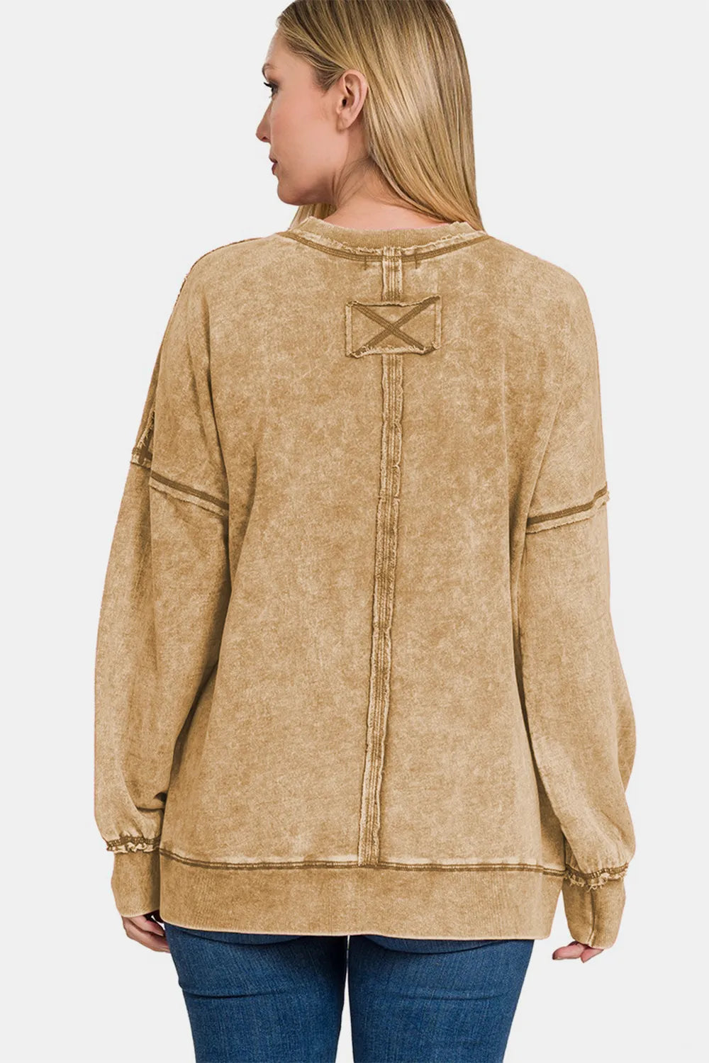 Zenana Exposed Seam Round Neck Dropped Shoulder Sweatshirt Sweatshirts