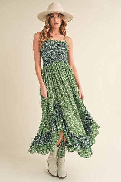 Aemi + Co Green Ditsy Floral Ruffled Hem Maxi Cami Dress Cami Dresses