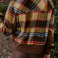 Womens pocketed long sleeve plaid jacket in earthy tones