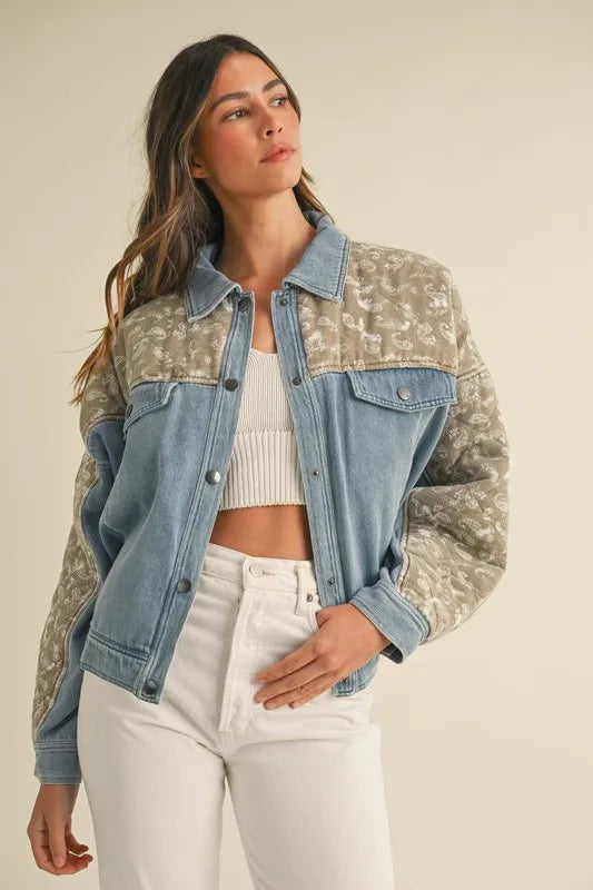 MABLE Quilted Paisley Print Contrast Denim Jacket Lt Taupe