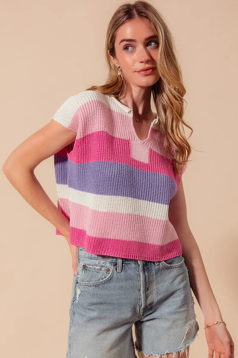 SO ME Multi Color Stripe Loose Fit Cap Sleeve Sweater Top