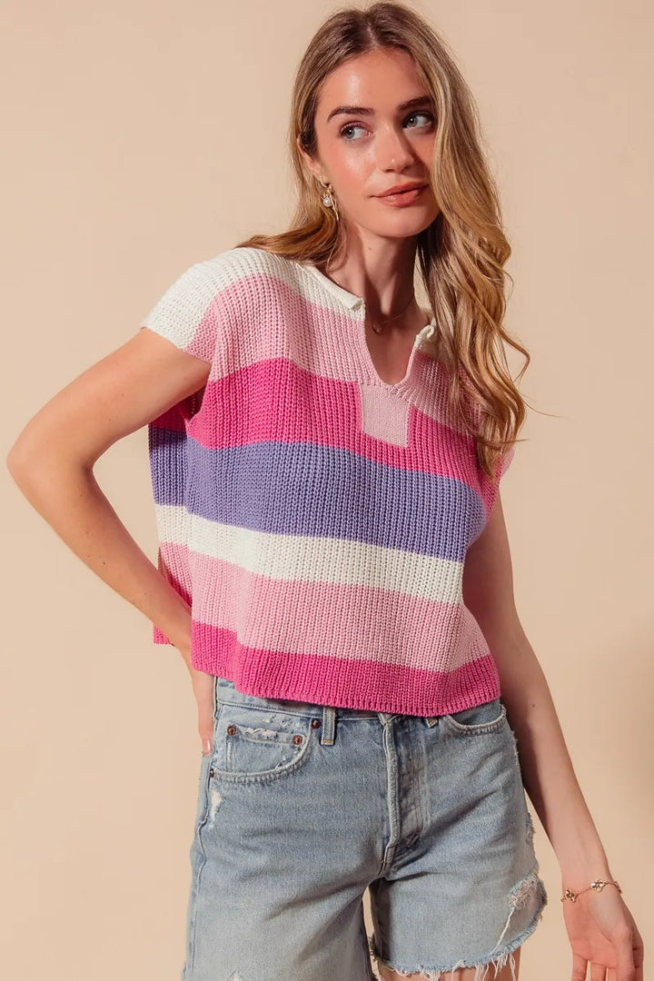 SO ME Multi Color Stripe Loose Fit Cap Sleeve Sweater Top
