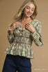 Umgee Floral Smocked Peplum Blouse with Tie Detail MUSTARD GREEN Blouses