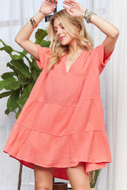 ADORA Tiered Notched Short Sleeve Dress Coral Mini Dresses