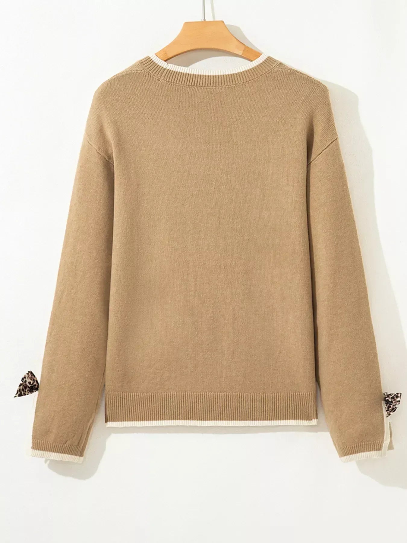 Leopard Bow Decor Split Cuff Contrast Trim Sweater - DAVERRI FASHIONS