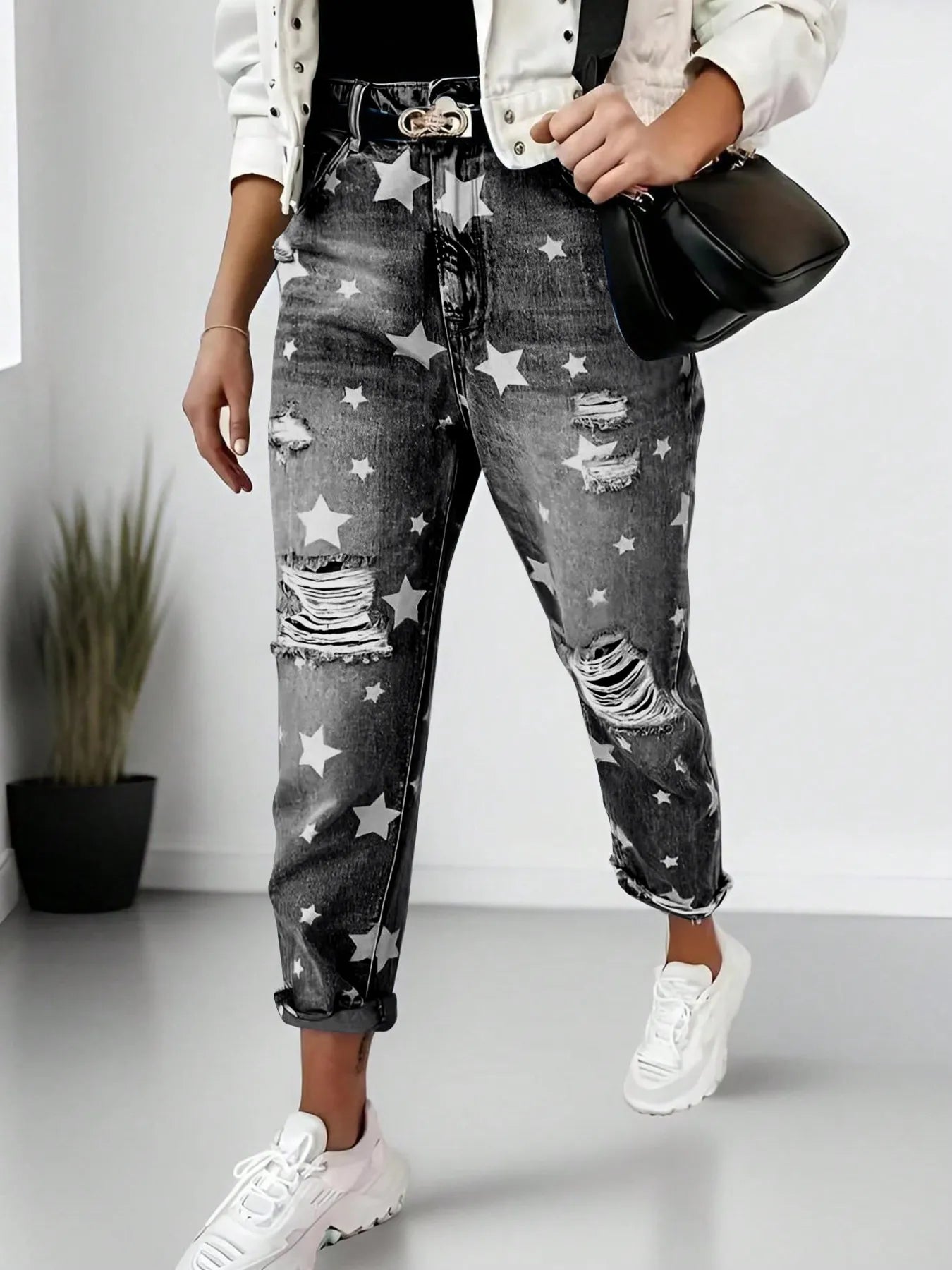 Star Print Distressed High Waist Boyfriend Jeans | Jeans Daverri Fashions
