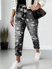 Star Print Distressed High Waist Boyfriend Jeans | Jeans Daverri Fashions