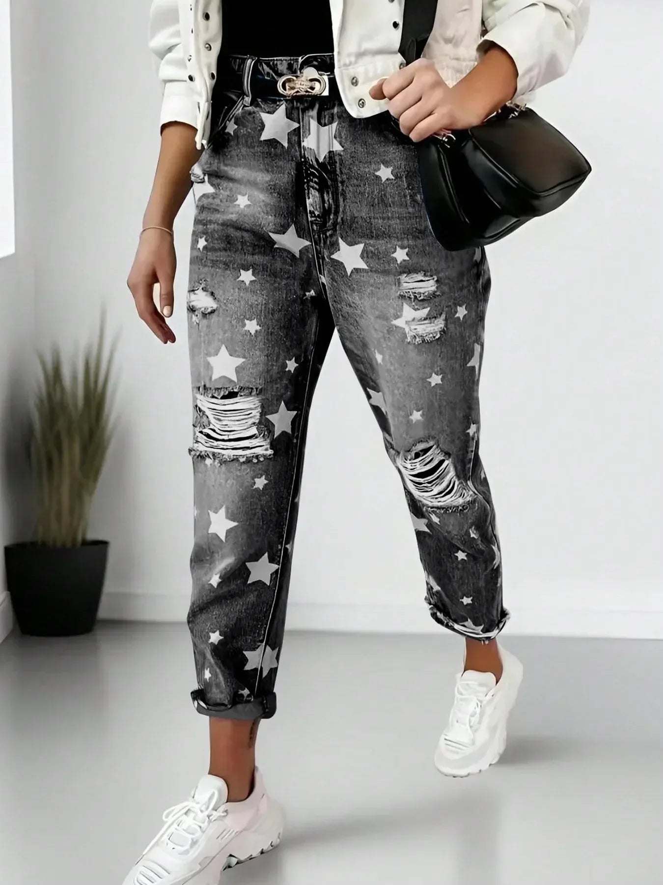 Star Print Distressed High Waist Boyfriend Jeans - DAVERRI FASHIONS