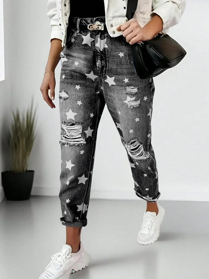 Star Print Distressed High Waist Boyfriend Jeans - DAVERRI FASHIONS
