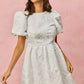 Light gray floral jacquard puff-sleeve mini dress with fitted waist