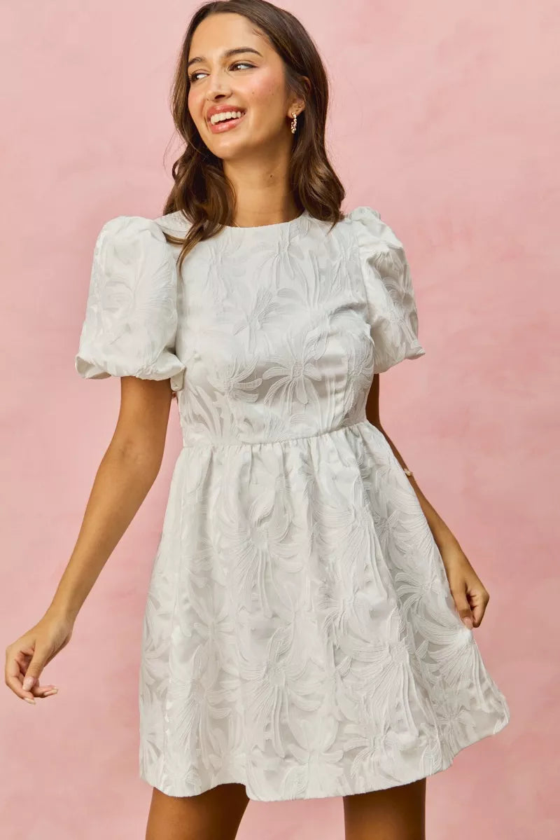 Light gray floral jacquard puff-sleeve mini dress with fitted waist