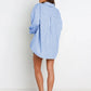 Blue and white striped oversized button-down shirt dress
