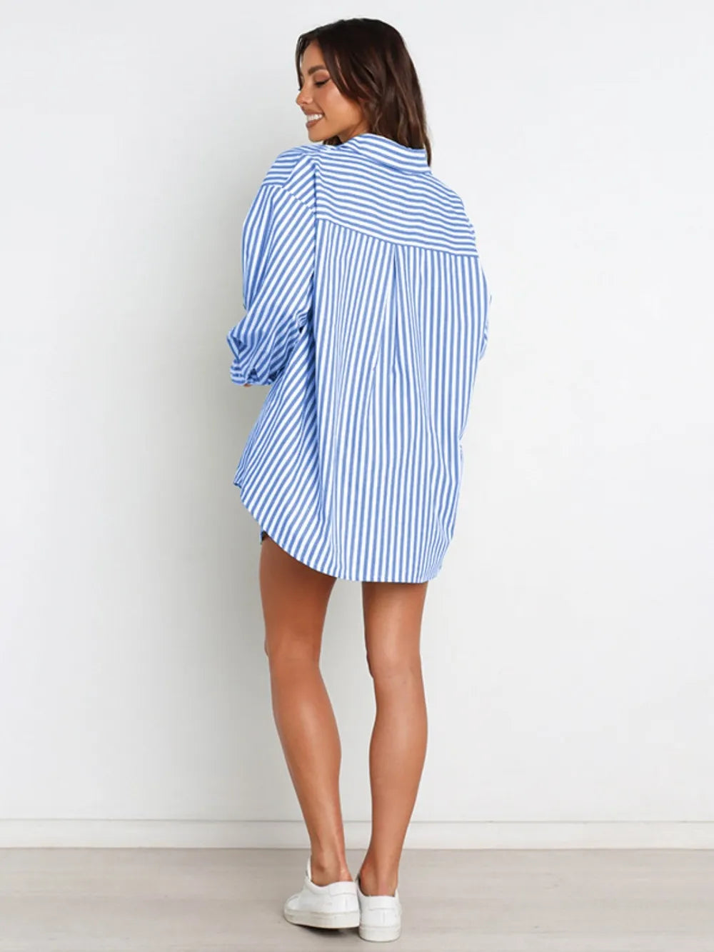 Blue and white striped oversized button-down shirt dress