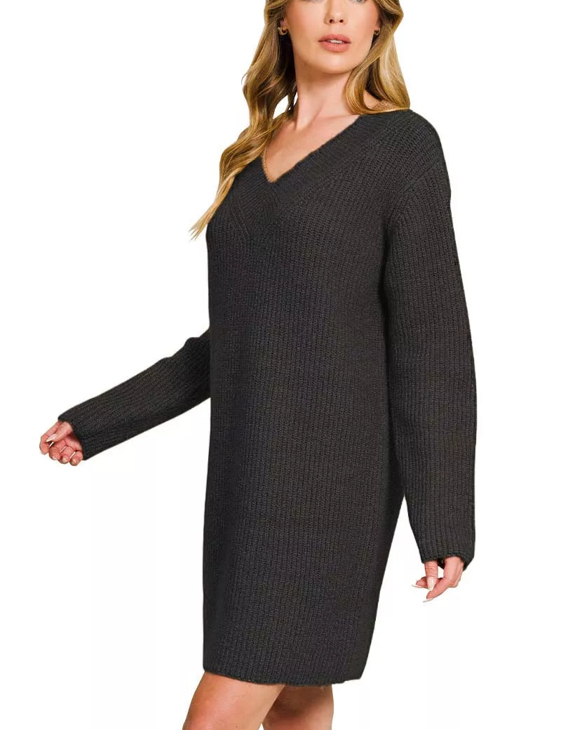 V-Neck Long Sleeve Ribbed Sweater Dress | Daverri Fashions