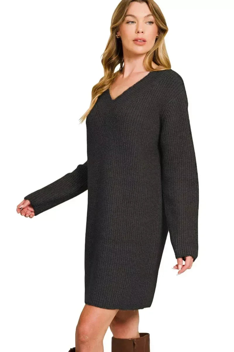 V-Neck Long Sleeve Ribbed Sweater Dress - DAVERRI FASHIONS
