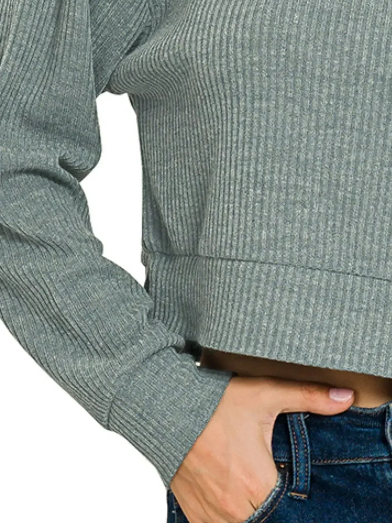 Drop Shoulder Ribbed Crop Hoodie Ash Jade - DAVERRI FASHIONS