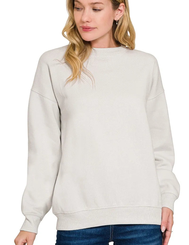 BONE L Zenana Fleece Crewneck Long Sleeve Sweatshirt | Daverri Fashions