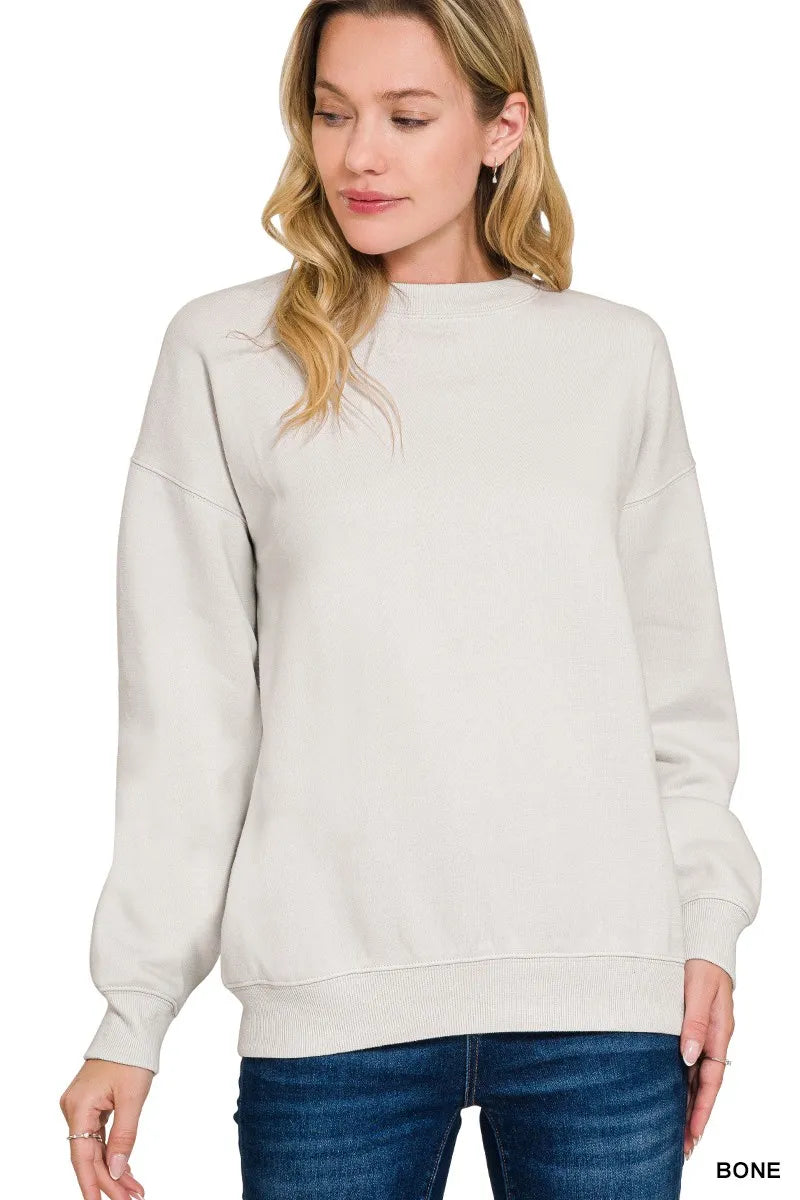 BONE L Zenana Fleece Crewneck Long Sleeve Sweatshirt | Daverri Fashions