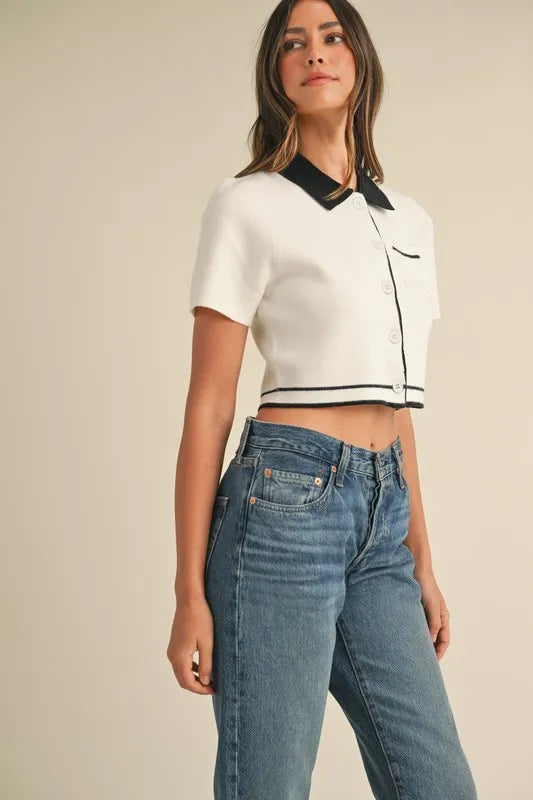 MABLE Button Down Contrast Collared Knit Cardigan