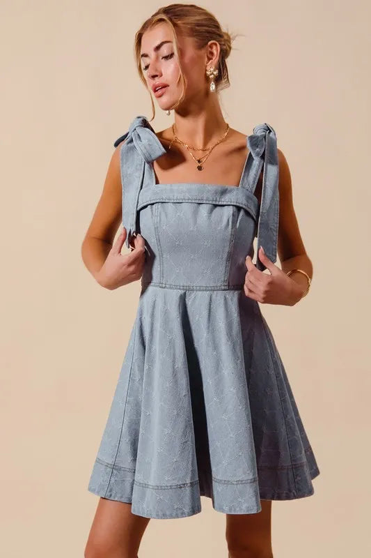 SO ME A Line Fit and Flare Diamond Bow Ribbon Denim Dres Mini Dresses