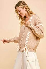 Davi & Dani Lace-Up Ribbon Bow Button Down Cardigan Tops